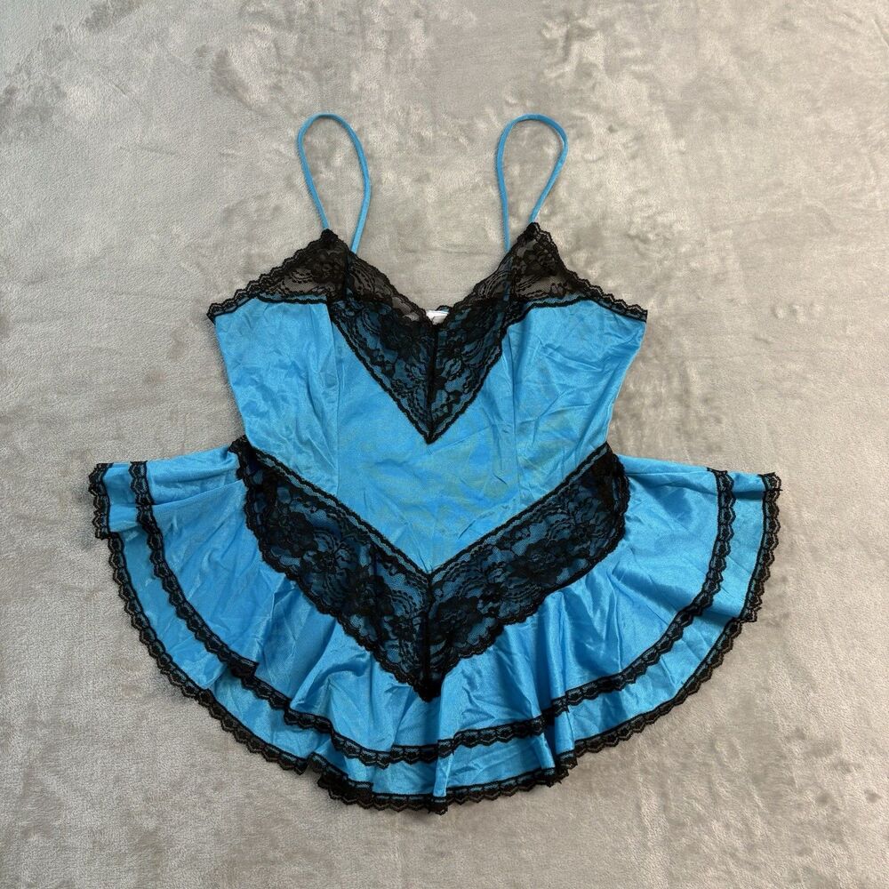 Vtg Night Moves Blue Satin Babydoll Chemise Black Lace Ruffle Y2K Coquette Fairy